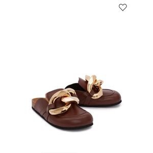 JW ANDERSON Brown Leather Slip-On Loafer Flats with Gold Chain